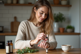 Femme appliquant une huile essentielle sur le poignet dans la cuisine