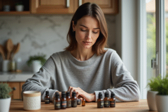 Femme examinant des bouteilles d huiles essentielles dans la cuisine