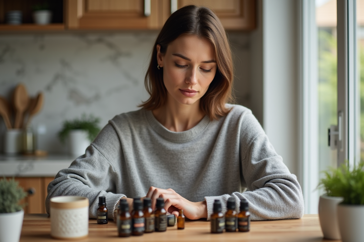 Femme examinant des bouteilles d huiles essentielles dans la cuisine