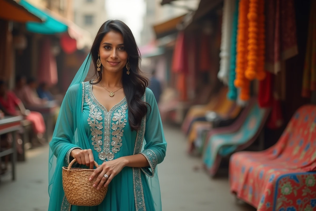 Femme indienne en tenue anarkali devant un marché animé de Mumbai avec guirlandes de soucis