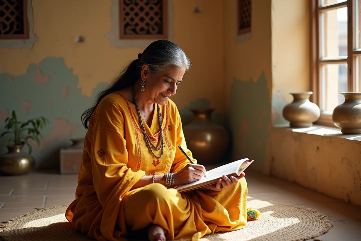 Femme indienne mature dessinant dans un carnet dans une haveli historique aux murs patinés et fenêtres en treillis