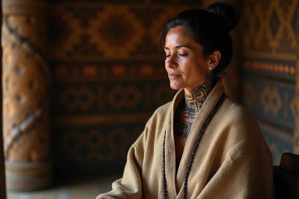 Femme maorie avec tatouage ta moko dans un marae