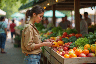 Jeune femme examinant des fruits bio au marché