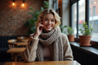 Femme élégante en hiver dans un café urbain