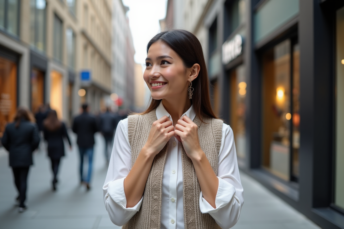 Femme élégante en ville portant un gilet en maille texturée