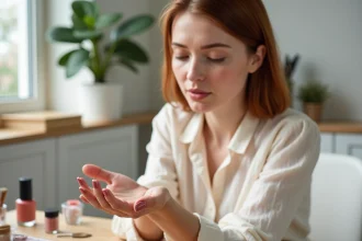 Femme examinant ses ongles en Dip Powder rose sur une coiffeuse en bois avec accessoires de manucure