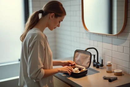 Femme organisant ses produits de beauté dans une vanity case compacte posée sur un meuble de salle de bain moderne