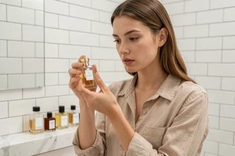 Jeune femme tenant un flacon de parfum dupe abordable dans une salle de bain minimaliste aux tons neutres