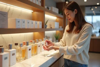 Jeune femme testant des parfums en boutique élégante