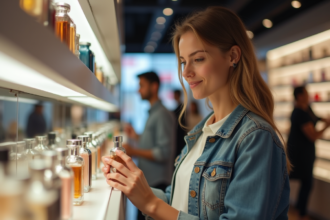 Jeune femme compare des parfums en magasin