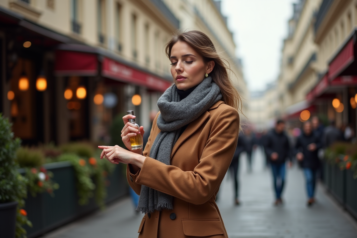Femme élégante à Paris vaporisant du parfum dans la rue