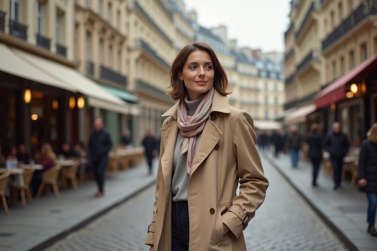 Femme parisienne élégante en trench beige dans la rue
