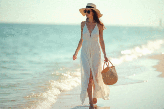 Femme élégante en robe blanche sur la plage ensoleillée