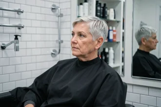 Femme de 50 ans examinant ses racines blanches dans un salon de coiffure moderne, réflexion dans le miroir