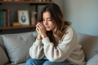 Femme en réflexion examinant ses cheveux dans un salon