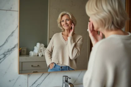 Femme dans la soixantaine se regardant dans le miroir