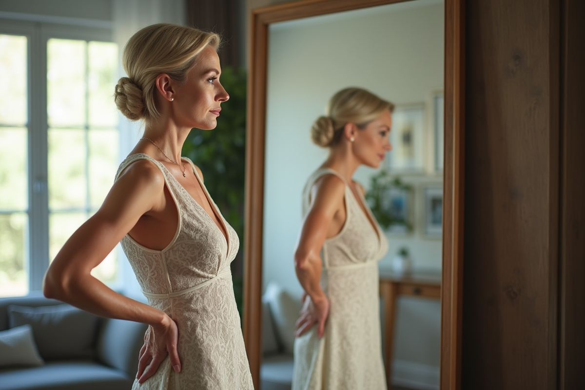 Femme en robe chic regardant son reflet dans un miroir