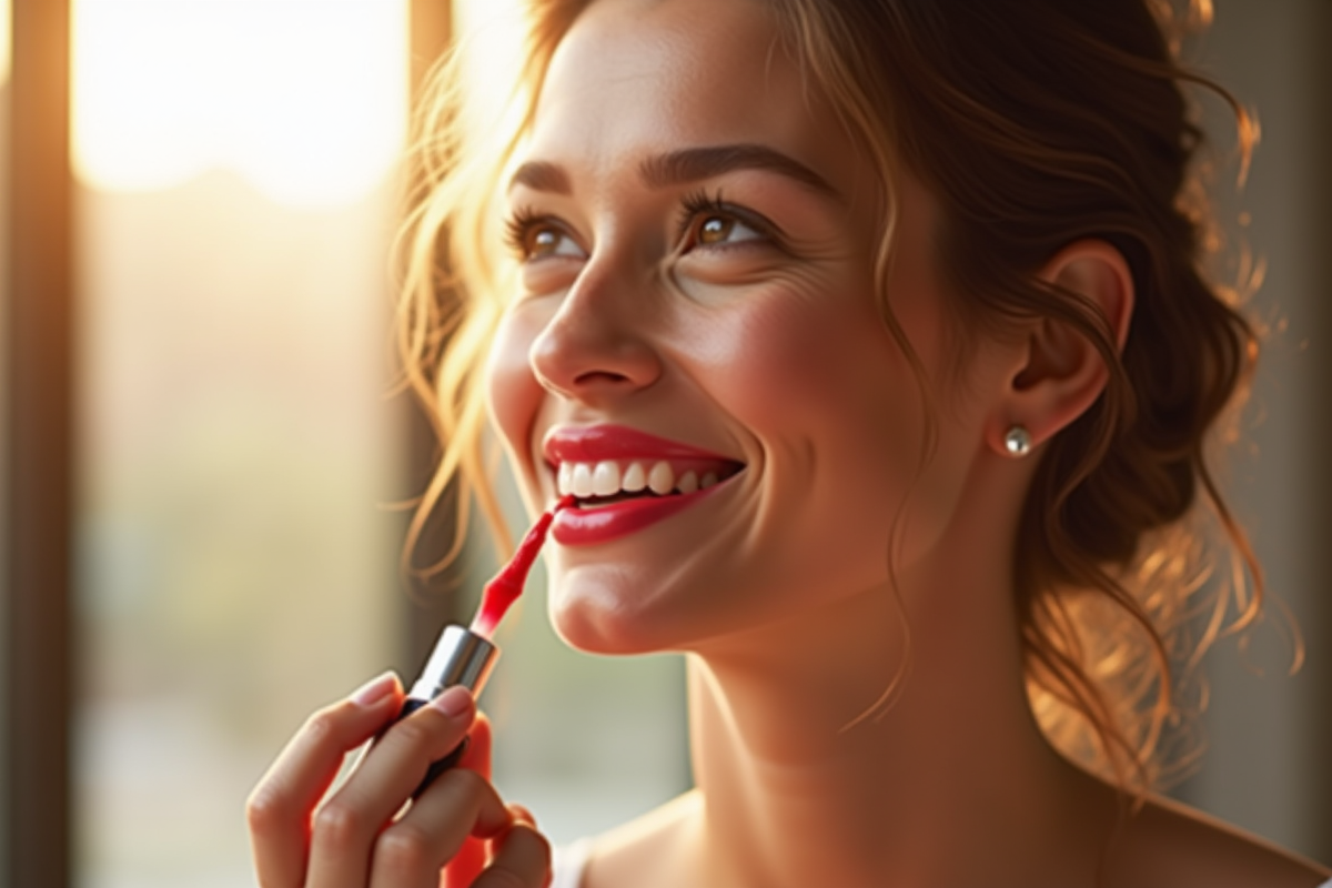 Femme souriante appliquant un gloss rouge éclatant devant une grande fenêtre