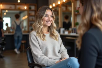 Femme souriante dans un salon moderne avec balayage blond