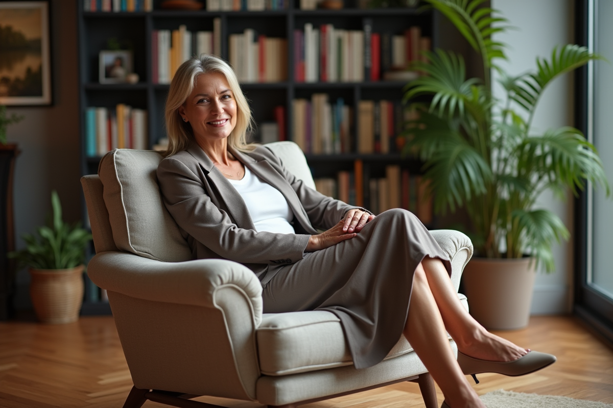 Femme élégante assise dans un salon cosy avec fauteuil