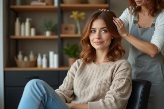 Femme élégante en salon appliquant un soin patine à ses cheveux