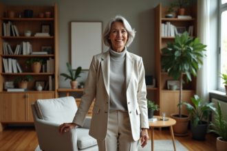 Femme de 65 ans en blazer en lin dans un salon moderne