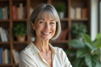 Femme senior souriante en portrait intérieur chaleureux