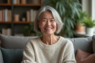 Femme de 60 ans souriante dans un salon chaleureux