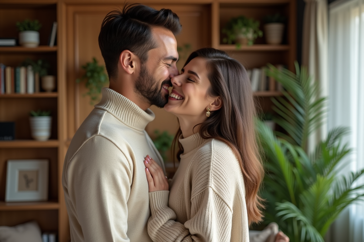 Femme souriante appréciant le parfum de son partenaire dans un salon chaleureux