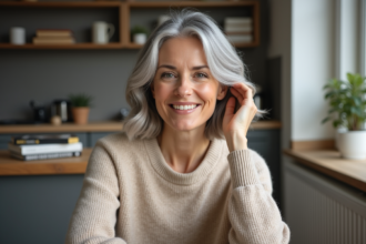 Femme d'une soixantaine souriante aux cheveux argentés