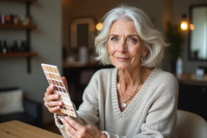 Femme d'un sixties avec cheveux blancs et palette de couleurs