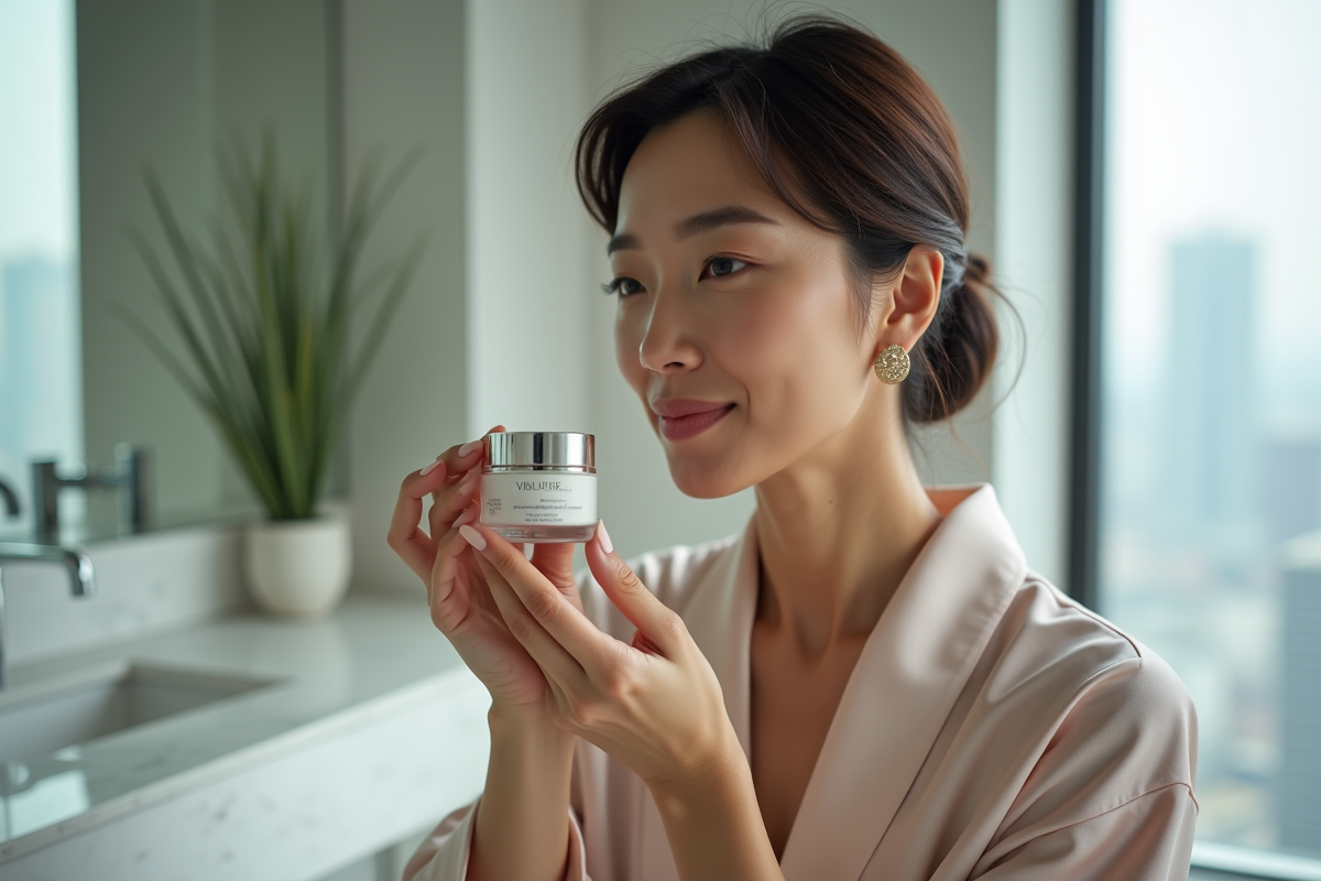 Femme élégante appliquant une creme visage dans salle moderne