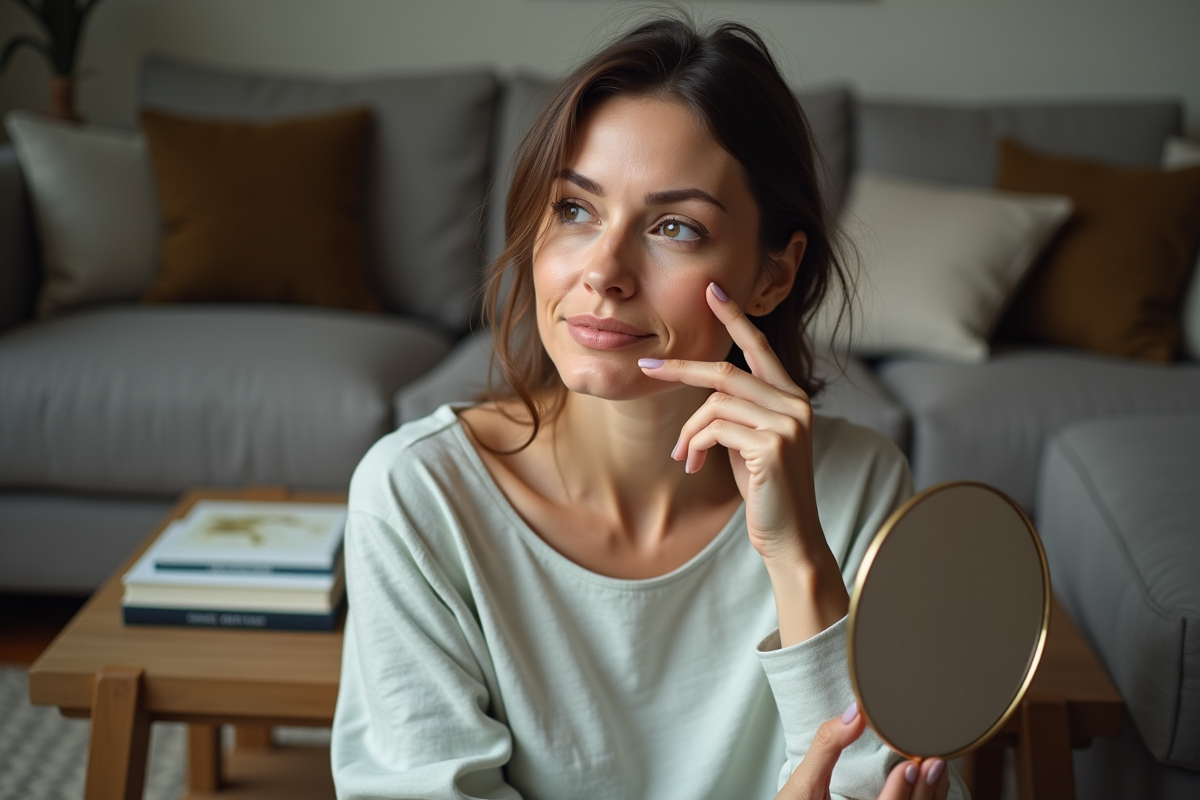 Femme d'âge moyen se regardant dans un miroir en douceur