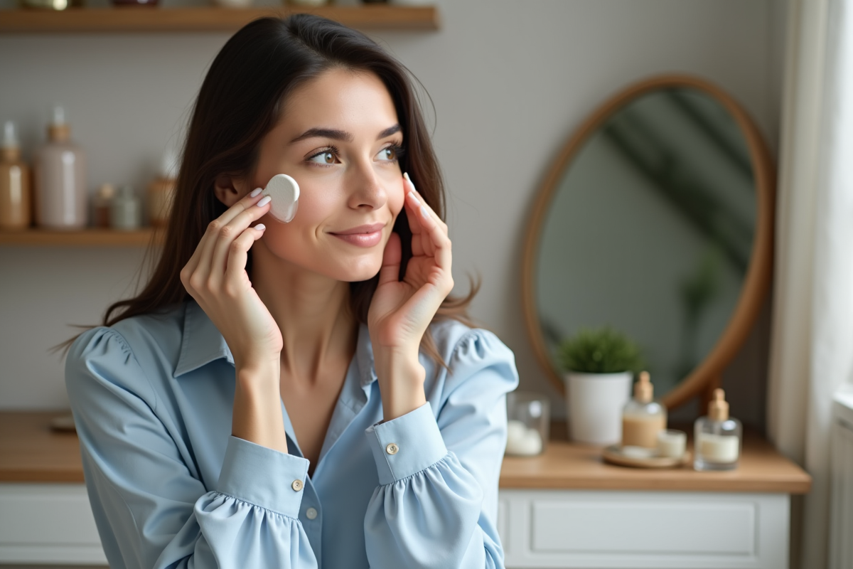 Femme appliquant un primer visage dans sa chambre