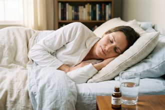 Femme endormie paisiblement avec des granules homéopathiques sur la table de nuit pour favoriser le sommeil