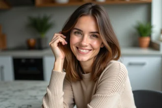 Femme souriante avec un bob fin et lisse en intérieur