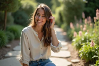 Femme souriante dans un jardin botanique en plein air