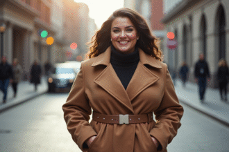 Femme souriante en ville portant un manteau flatteur