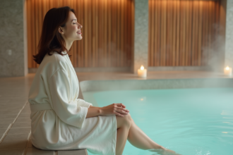 Femme détendue dans un spa intérieur avec robe blanche