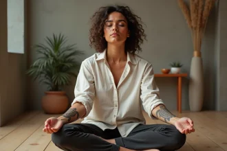 Femme méditative avec un tatouage tortue géométrique sur l'avant-bras dans un appartement minimaliste