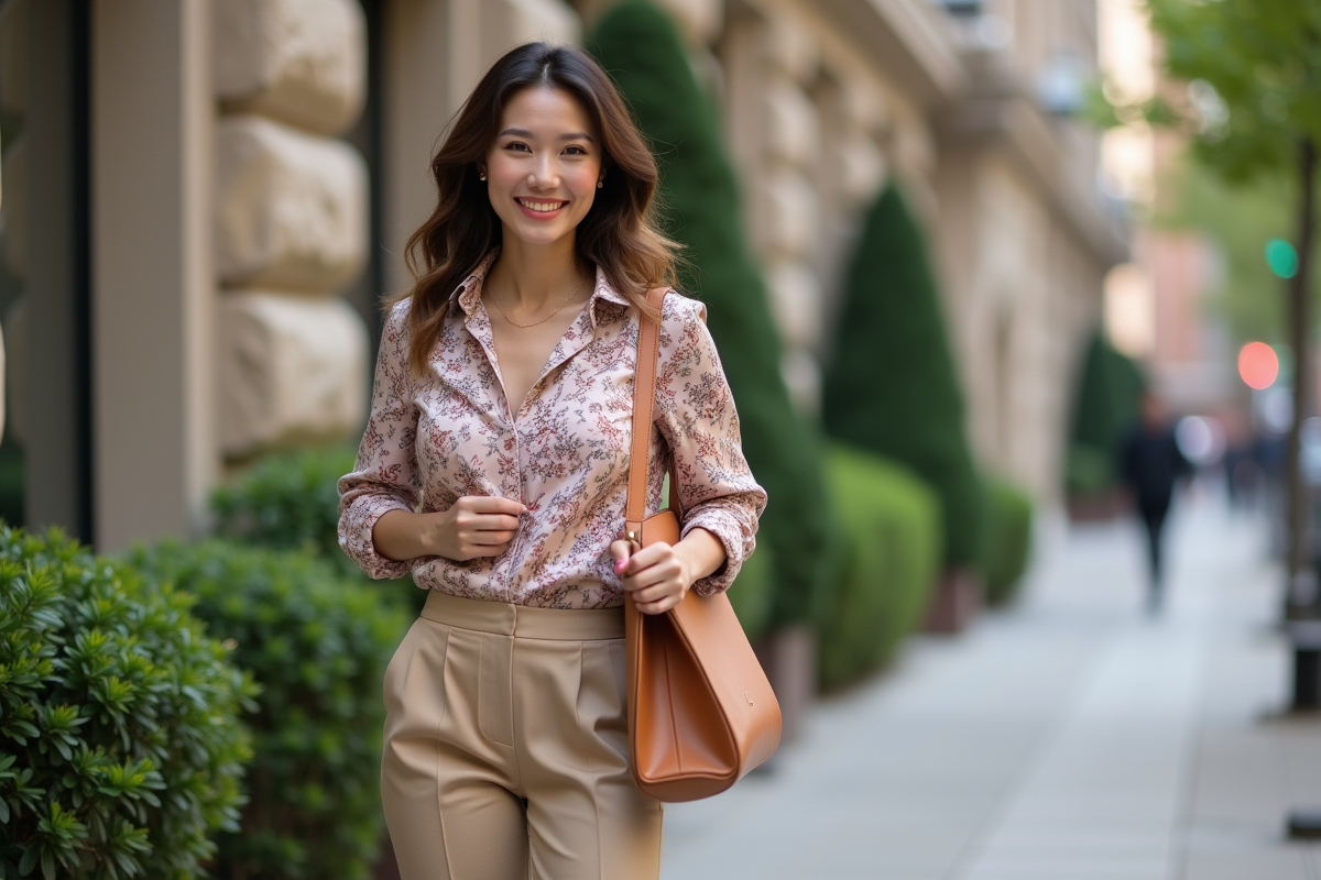 Femme confiante en ville portant pantalon et blouse à motifs