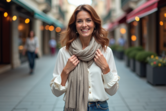 Femme souriante ajustant son foulard en ville