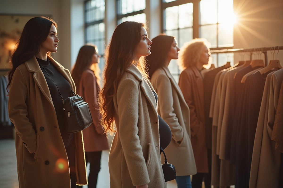 Groupe de femmes essayant des manteaux confortables en boutique
