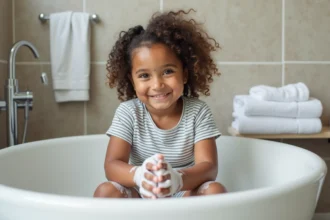 Jeune fille de 6 ans se lavant les cheveux avec un shampoing naturel