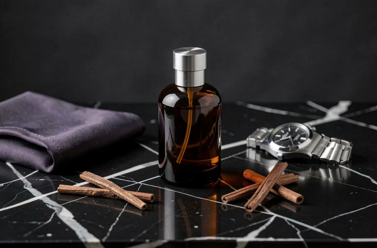 Flacon de parfum Armani Code Profumo sur marbre noir avec accessoires masculins élégants montre et mouchoir en soie