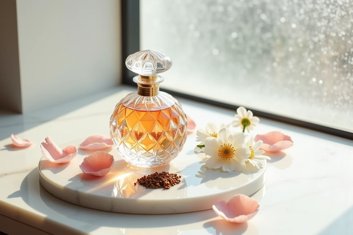 Flacon de parfum en cristal entouré d'ingrédients rares comme l'oud et la rose sur marbre blanc