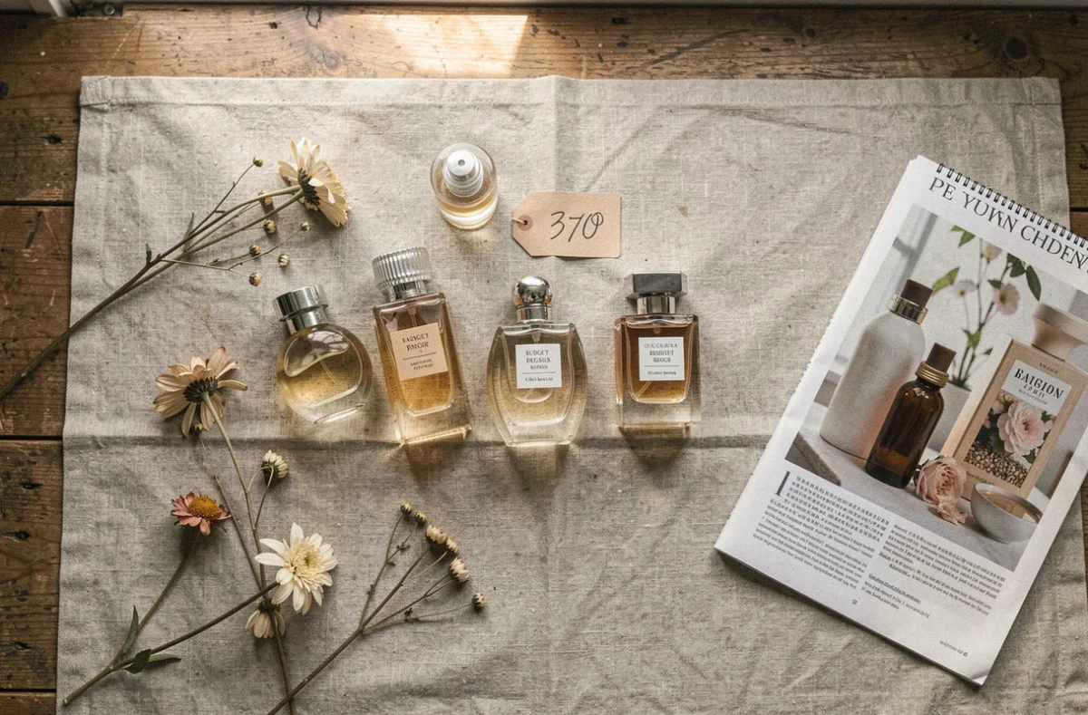 Flat lay de flacons de parfum dupe et accessoires sur nappe en lin naturel, style éditorial budget beauté