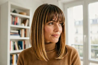 Femme aux cheveux bruns avec une frange rideau et un balayage caramel naturel dans un appartement parisien
