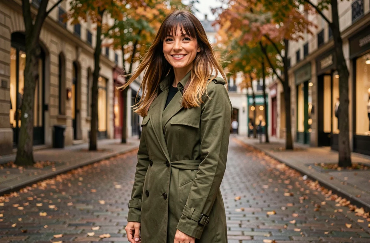 Femme avec frange rideau brune et balayage caramel en trench coat sur une rue pavée en automne
