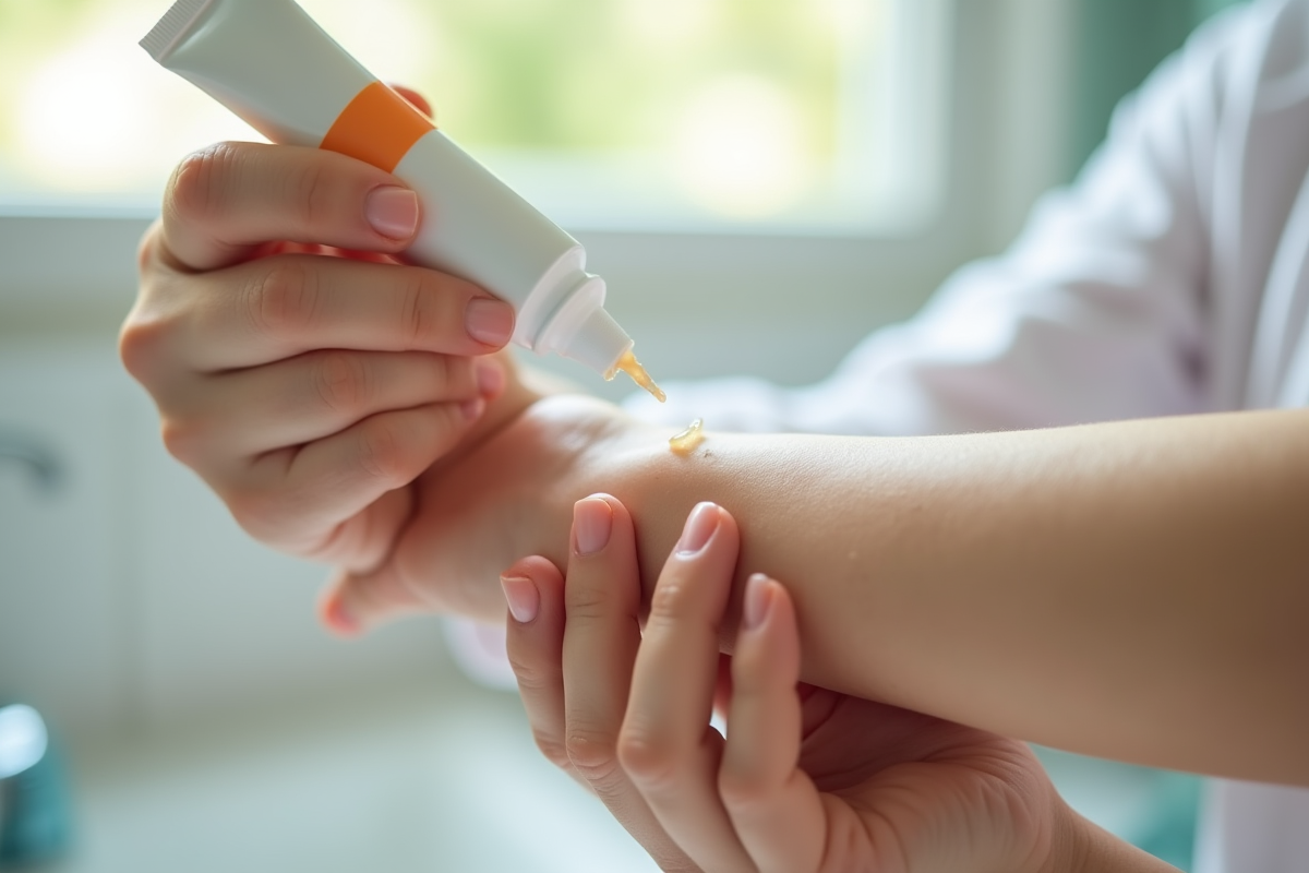 Mains tenant un tube de gel pour cicatrices sur le bras